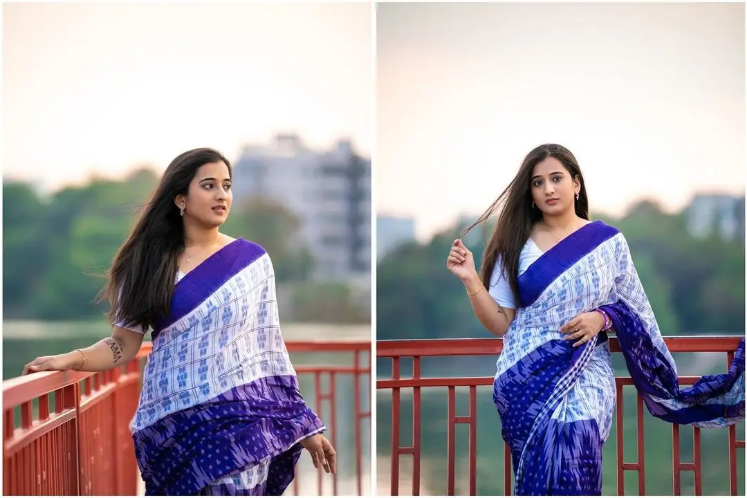 Telugu Actress Viraajita in Beautiful Jewellery Blue Saree Blouse